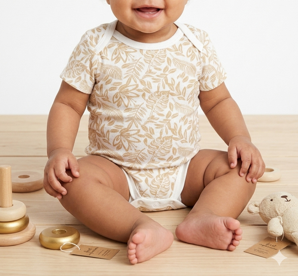First Impressions Baby Boy Bodysuit 12M Sand Tan Leaf Print Short Sleeve NWT